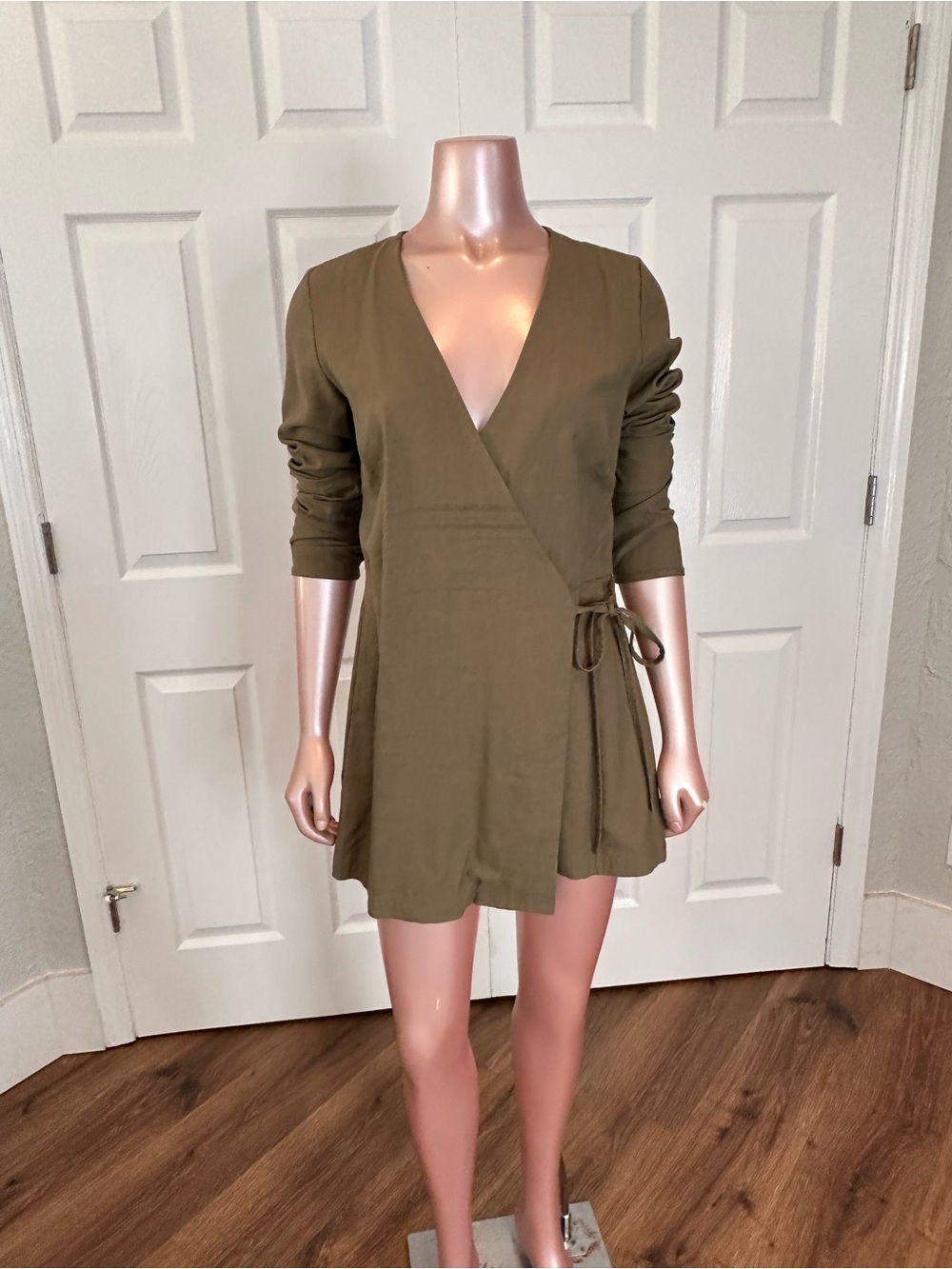 Matty M Olive Wrap Romper | Small | Long Sleeve Tie Waist Utility Chic | A-1836 - Picture 2 of 16